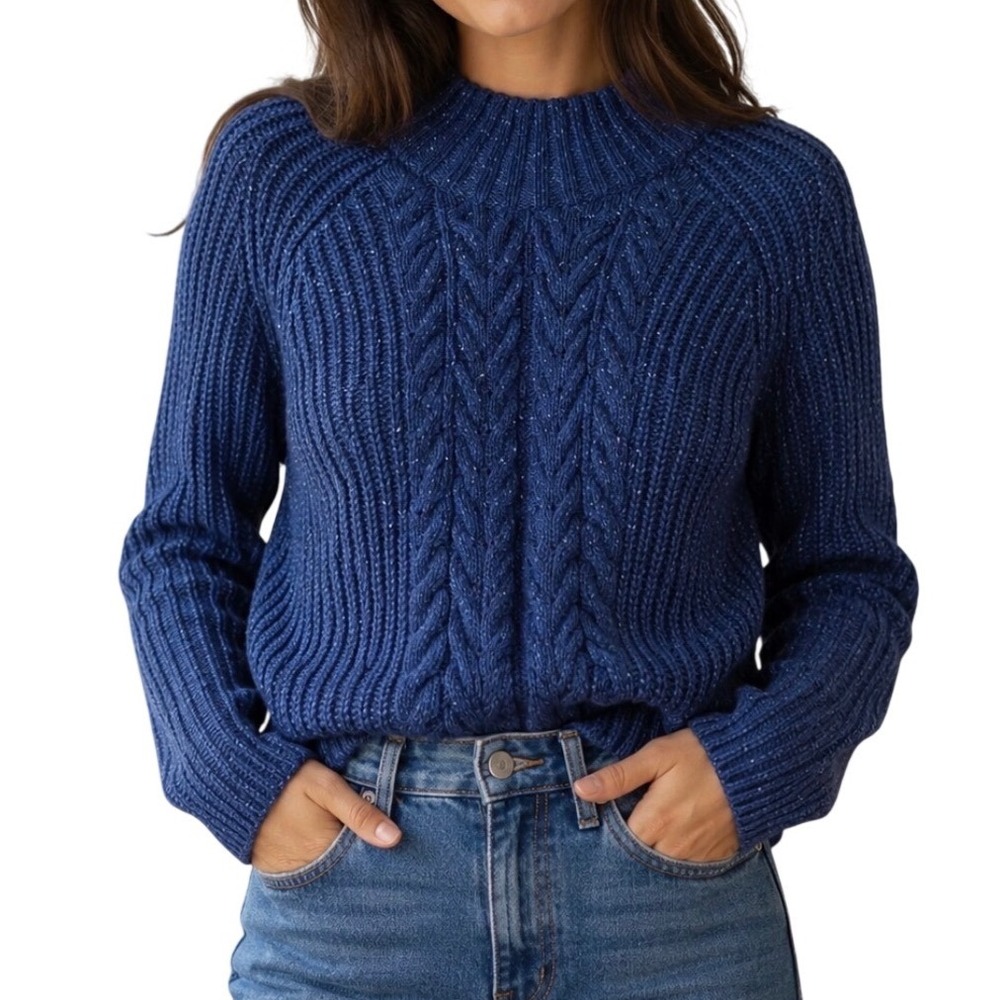 Women's Cable Knit Warm Mock Neck Sweater Blue Size L 12-14 Shimmer Knit - Picture 2 of 8